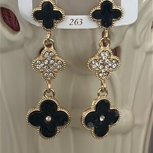 Dangle Gold Black Quatrefoil Rhinestone Earrings NWT